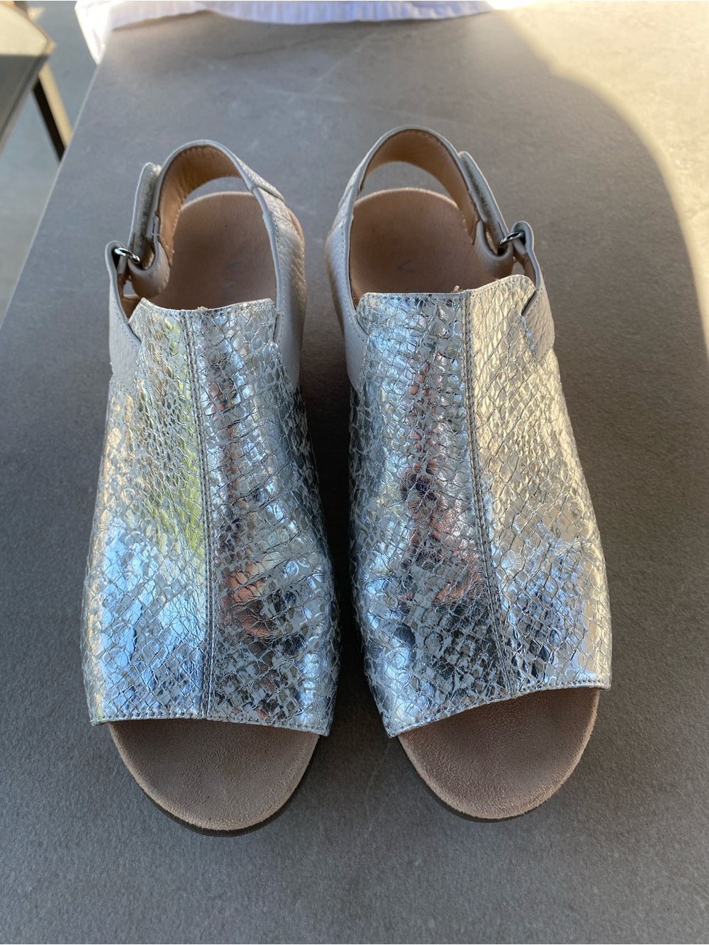 Vionic Silver Snake-Texture Open-Toe Sandals, Size 7